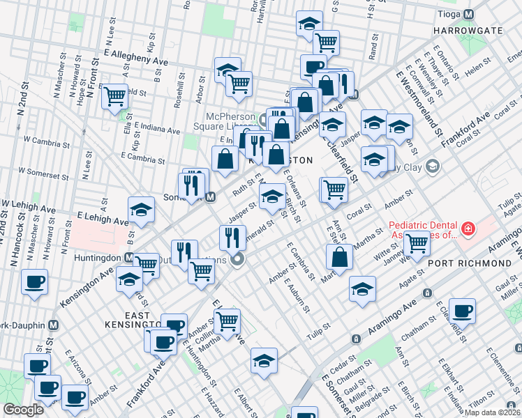 map of restaurants, bars, coffee shops, grocery stores, and more near 1912 East Monmouth Street in Philadelphia