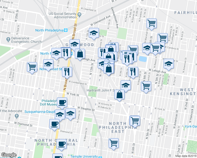 map of restaurants, bars, coffee shops, grocery stores, and more near 1112 West Huntingdon Street in Philadelphia