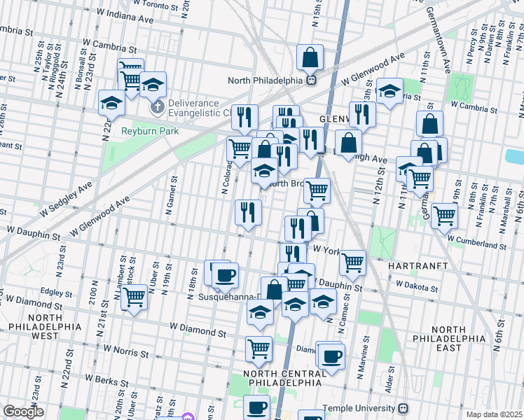 map of restaurants, bars, coffee shops, grocery stores, and more near 1540 West Cumberland Street in Philadelphia