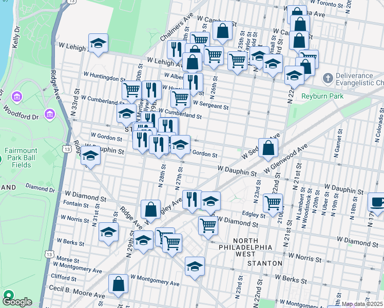 map of restaurants, bars, coffee shops, grocery stores, and more near 2612 West Arizona Street in Philadelphia