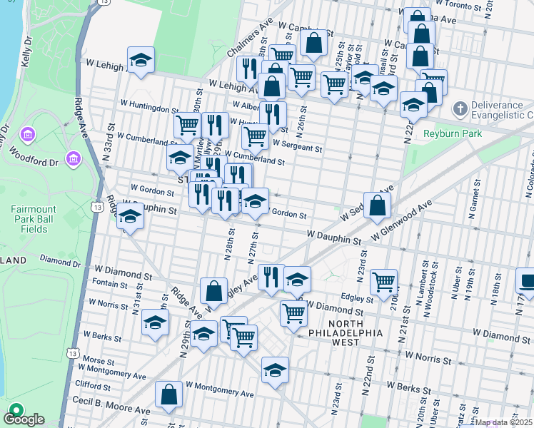 map of restaurants, bars, coffee shops, grocery stores, and more near 2640 West Gordon Street in Philadelphia