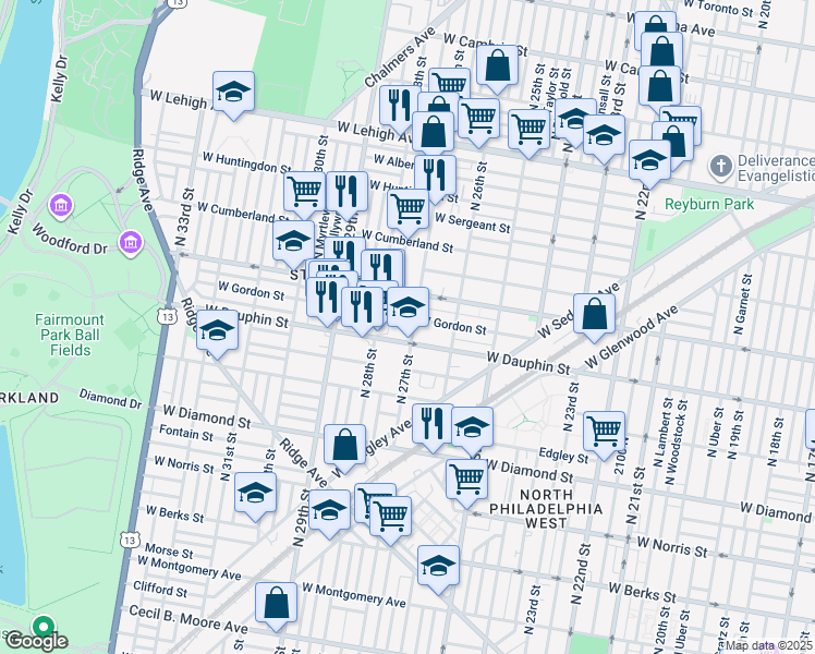map of restaurants, bars, coffee shops, grocery stores, and more near 2739 West Gordon Street in Philadelphia