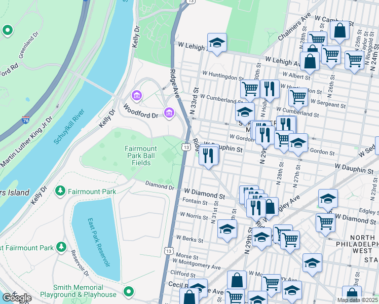 map of restaurants, bars, coffee shops, grocery stores, and more near in Philadelphia