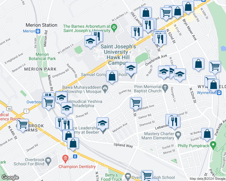 map of restaurants, bars, coffee shops, grocery stores, and more near 5700 Drexel Road in Philadelphia