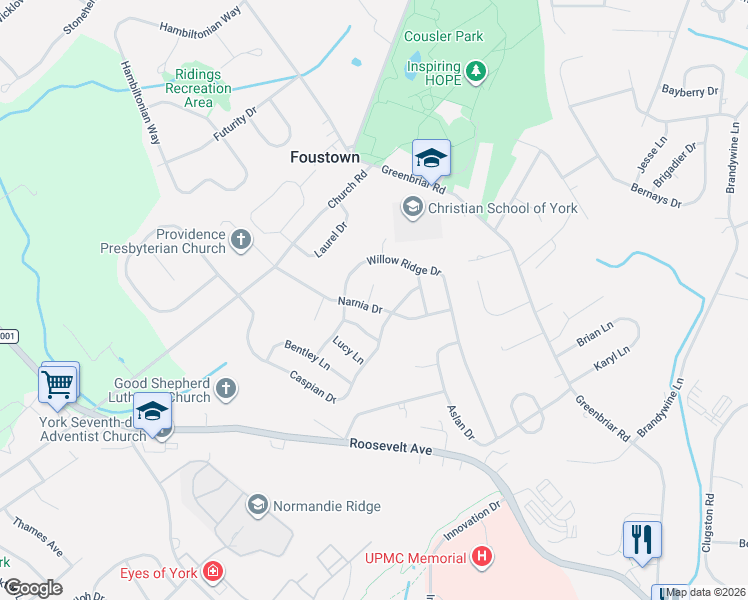map of restaurants, bars, coffee shops, grocery stores, and more near 936 Narnia Court in York