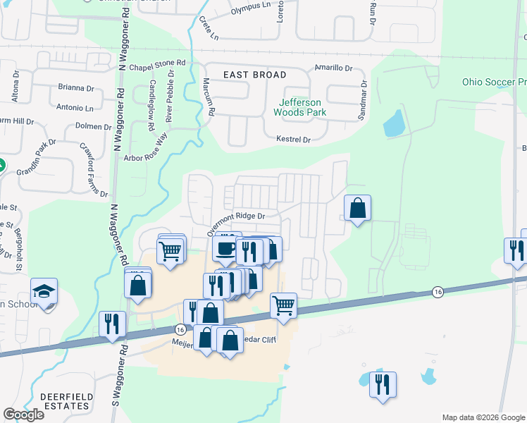 map of restaurants, bars, coffee shops, grocery stores, and more near 303 Pristine Path in Blacklick