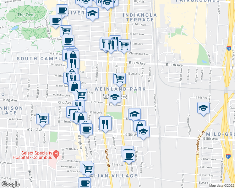 map of restaurants, bars, coffee shops, grocery stores, and more near 1378 Hamlet Street in Columbus