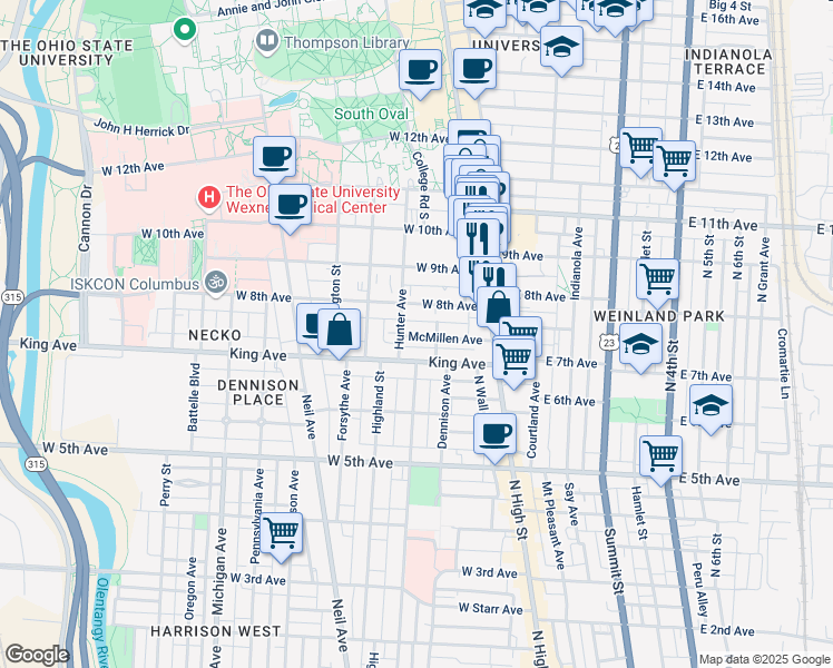 map of restaurants, bars, coffee shops, grocery stores, and more near 80 McMillen Avenue in Columbus