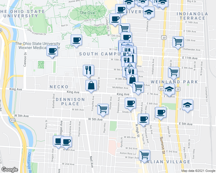 map of restaurants, bars, coffee shops, grocery stores, and more near in Columbus