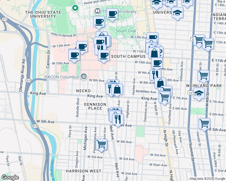 map of restaurants, bars, coffee shops, grocery stores, and more near 1461 Worthington Street in Columbus