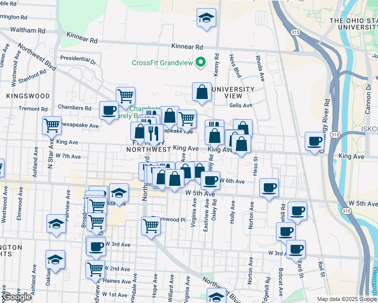 map of restaurants, bars, coffee shops, grocery stores, and more near 1126 King Avenue in Columbus