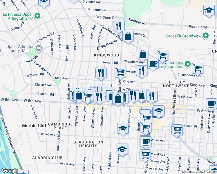map of restaurants, bars, coffee shops, grocery stores, and more near 1623 King Avenue in Columbus