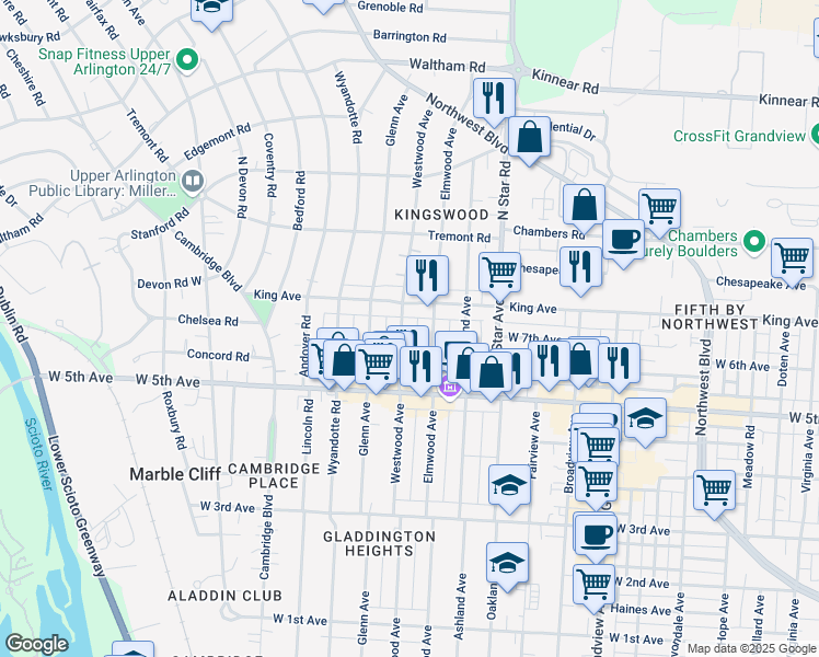 map of restaurants, bars, coffee shops, grocery stores, and more near 1671 King Avenue in Columbus