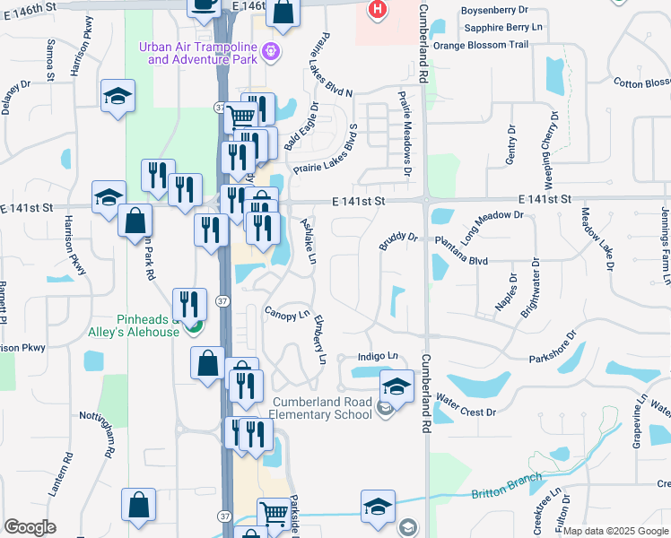 map of restaurants, bars, coffee shops, grocery stores, and more near 13974 Meadow Grass Way in Fishers