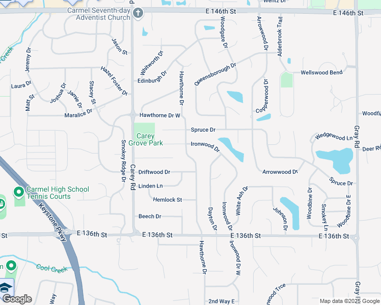 map of restaurants, bars, coffee shops, grocery stores, and more near 1371 Ironwood Drive West in Carmel