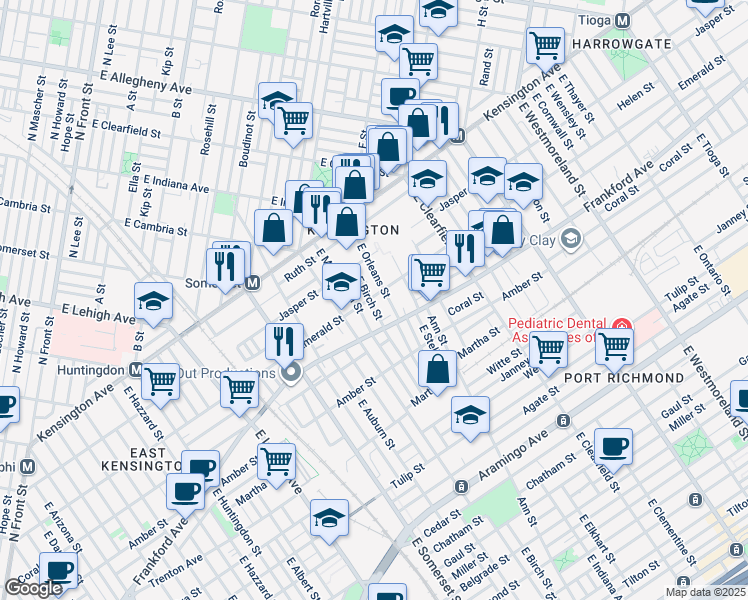 map of restaurants, bars, coffee shops, grocery stores, and more near 2001 East Birch Street in Philadelphia