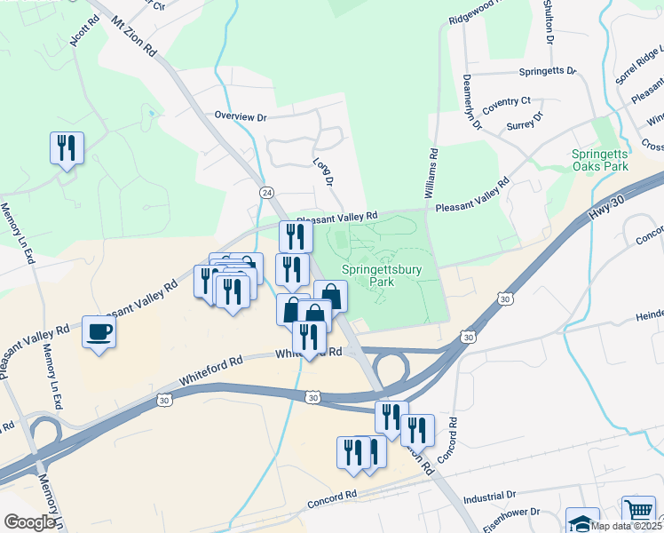map of restaurants, bars, coffee shops, grocery stores, and more near 1501 Mount Zion Road in York