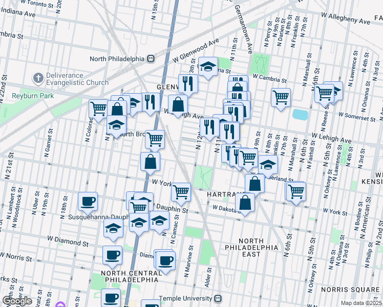 map of restaurants, bars, coffee shops, grocery stores, and more near 1216 West Sergeant Street in Philadelphia
