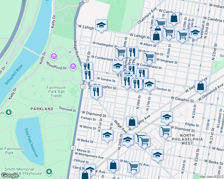 map of restaurants, bars, coffee shops, grocery stores, and more near 3020 West Dauphin Street in Philadelphia
