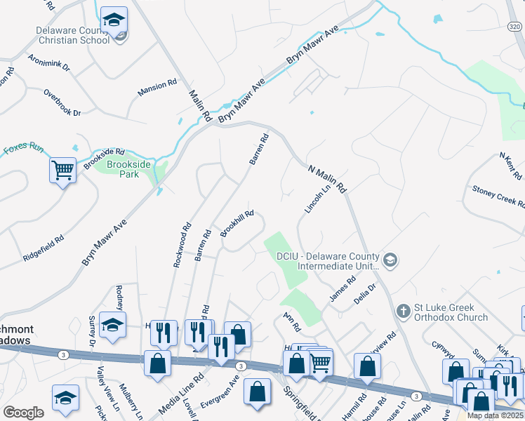 map of restaurants, bars, coffee shops, grocery stores, and more near 132 Northwood Road in Newtown Square