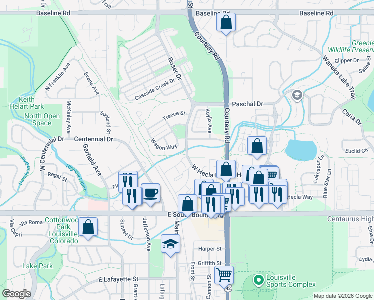 map of restaurants, bars, coffee shops, grocery stores, and more near West Hecla Drive in Louisville