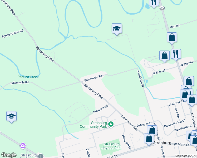 map of restaurants, bars, coffee shops, grocery stores, and more near 2112 Edisonville Road in Strasburg