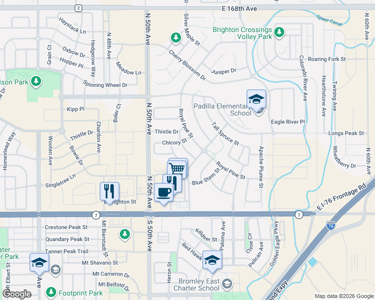 map of restaurants, bars, coffee shops, grocery stores, and more near 5164 Redbud Street in Brighton