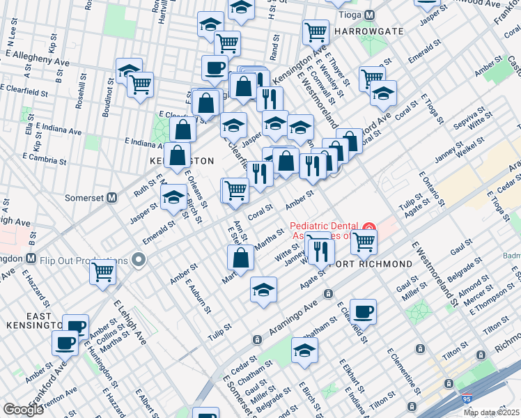 map of restaurants, bars, coffee shops, grocery stores, and more near 3056 Coral Street in Philadelphia