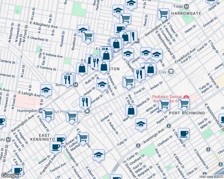 map of restaurants, bars, coffee shops, grocery stores, and more near 2001 East Birch Street in Philadelphia