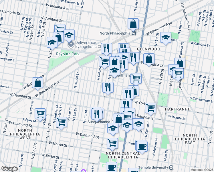 map of restaurants, bars, coffee shops, grocery stores, and more near 2450 North Bancroft Street in Philadelphia