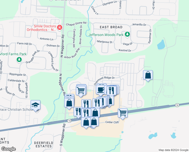 map of restaurants, bars, coffee shops, grocery stores, and more near 285 Piney Creek Drive in Blacklick