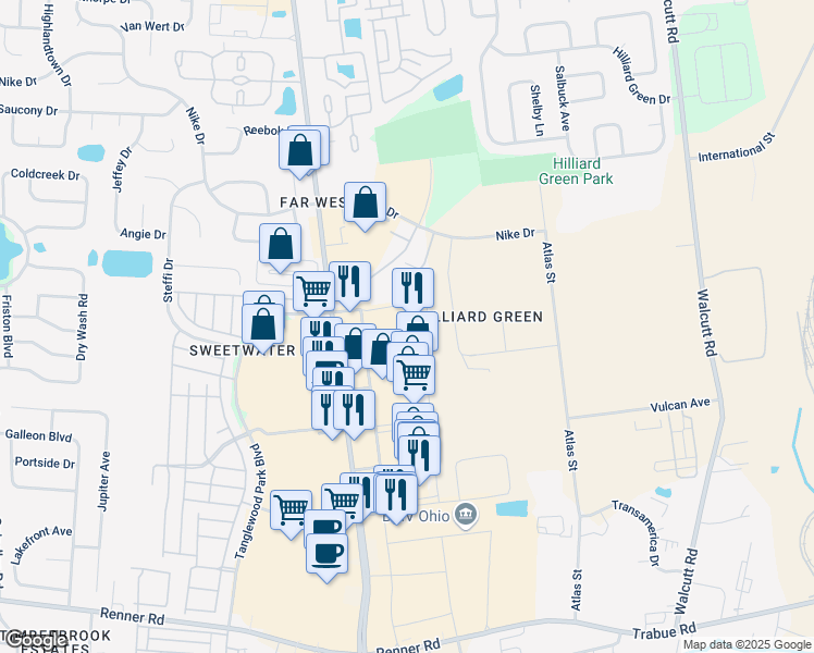 map of restaurants, bars, coffee shops, grocery stores, and more near 1970 Hilliard Rome Road in Hilliard
