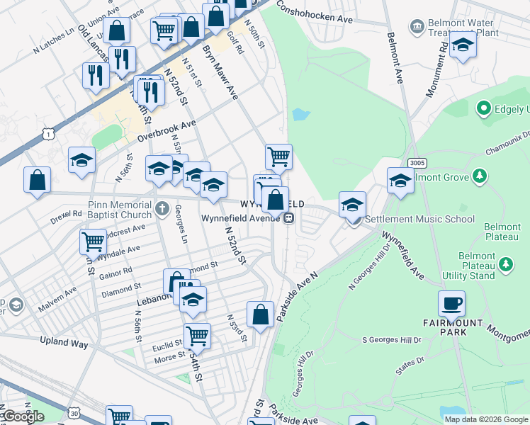 map of restaurants, bars, coffee shops, grocery stores, and more near 5050 Wynnefield Avenue in Philadelphia