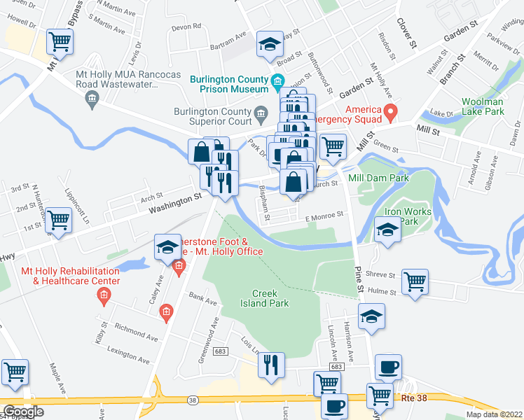 map of restaurants, bars, coffee shops, grocery stores, and more near 25 Bispham Street in Mount Holly