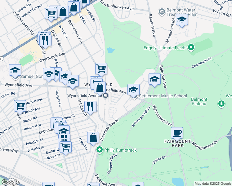 map of restaurants, bars, coffee shops, grocery stores, and more near 4946 Wynnefield Avenue in Philadelphia