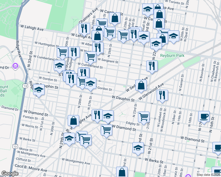 map of restaurants, bars, coffee shops, grocery stores, and more near 2519 West Arizona Street in Philadelphia