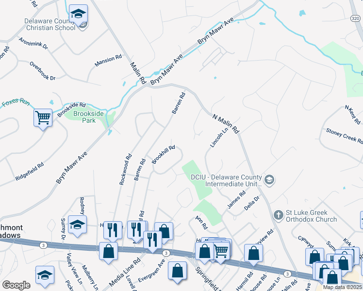 map of restaurants, bars, coffee shops, grocery stores, and more near 132 Northwood Road in Newtown Square