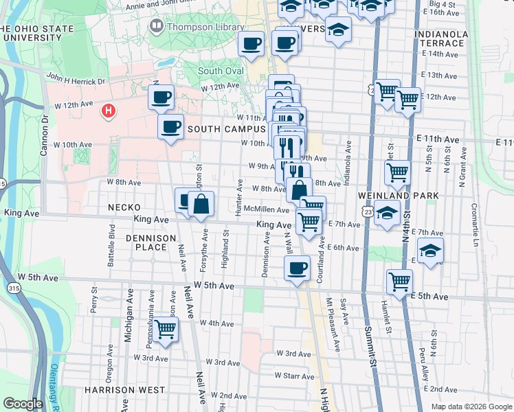 map of restaurants, bars, coffee shops, grocery stores, and more near 84 McMillen Avenue in Columbus