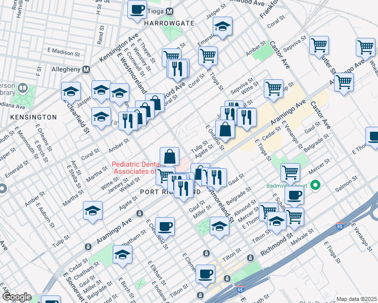 map of restaurants, bars, coffee shops, grocery stores, and more near 3300 Tulip Street in Philadelphia
