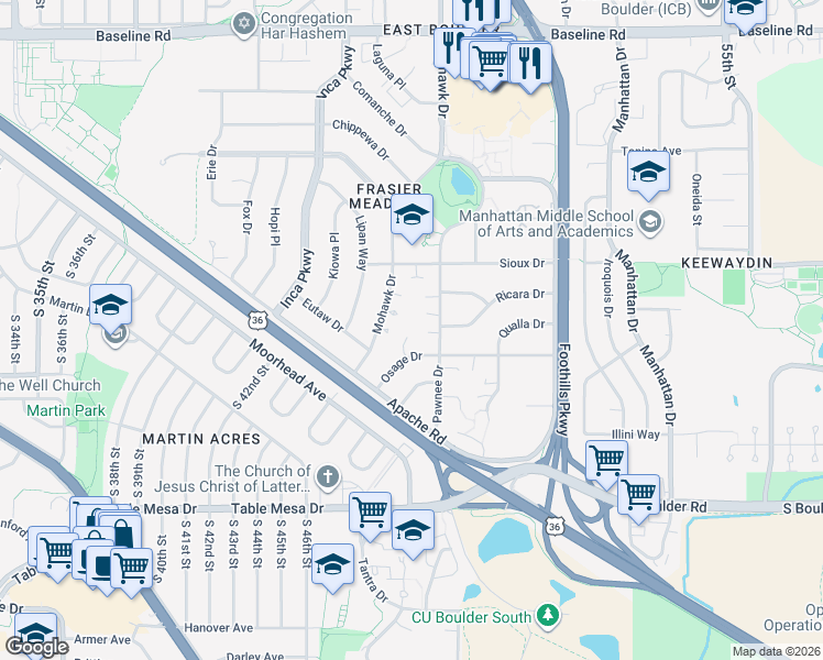 map of restaurants, bars, coffee shops, grocery stores, and more near 211 Pawnee Drive in Boulder