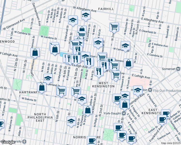 map of restaurants, bars, coffee shops, grocery stores, and more near 2653 North Orianna Street in Philadelphia