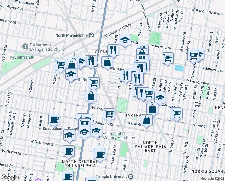 map of restaurants, bars, coffee shops, grocery stores, and more near 1232 West Sergeant Street in Philadelphia