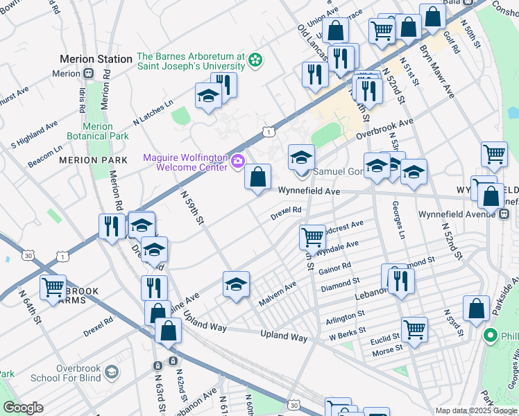 map of restaurants, bars, coffee shops, grocery stores, and more near 2331 North 58th Street in Philadelphia