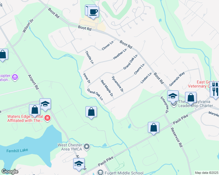 map of restaurants, bars, coffee shops, grocery stores, and more near 707 Red Maple Drive in West Chester