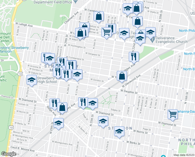 map of restaurants, bars, coffee shops, grocery stores, and more near 2332 North 25th Street in Philadelphia