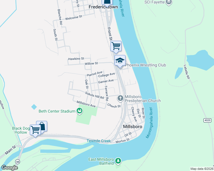 map of restaurants, bars, coffee shops, grocery stores, and more near 51 Terrace Road in Fredericktown
