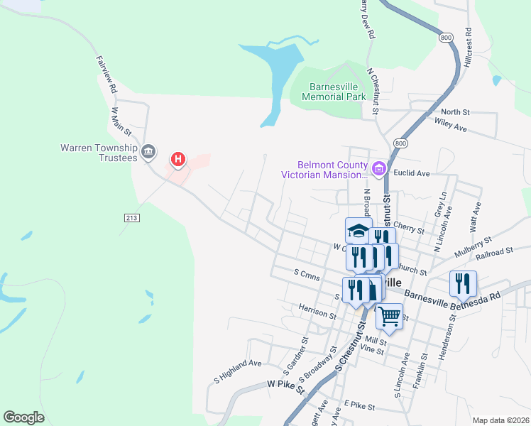 map of restaurants, bars, coffee shops, grocery stores, and more near 205 Washington Street in Barnesville