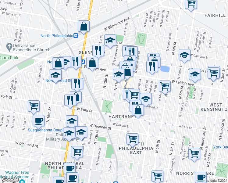 map of restaurants, bars, coffee shops, grocery stores, and more near 2542 North 11th Street in Philadelphia