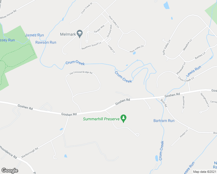 map of restaurants, bars, coffee shops, grocery stores, and more near 39 Old Covered Bridge Road in Newtown Square