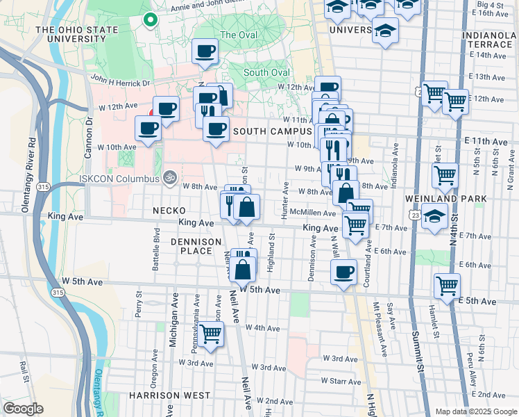 map of restaurants, bars, coffee shops, grocery stores, and more near 1441 Highland Street in Columbus